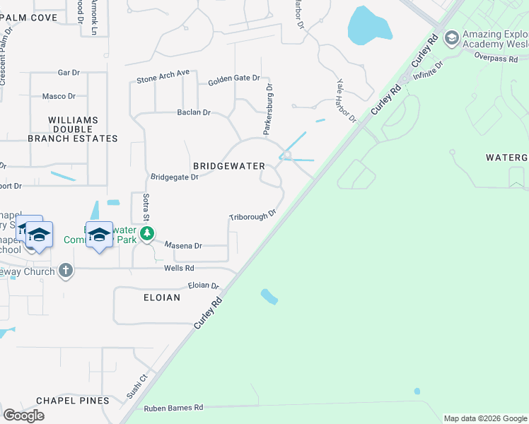 map of restaurants, bars, coffee shops, grocery stores, and more near 31341 Triborough Drive in Wesley Chapel