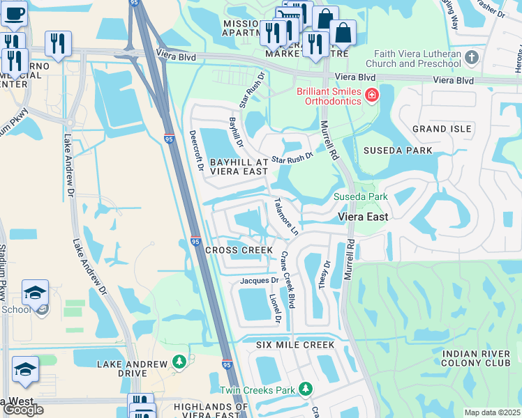 map of restaurants, bars, coffee shops, grocery stores, and more near 1502 Laramie Circle in Melbourne