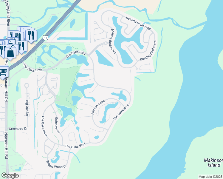 map of restaurants, bars, coffee shops, grocery stores, and more near 2300 The Oaks Boulevard in Kissimmee