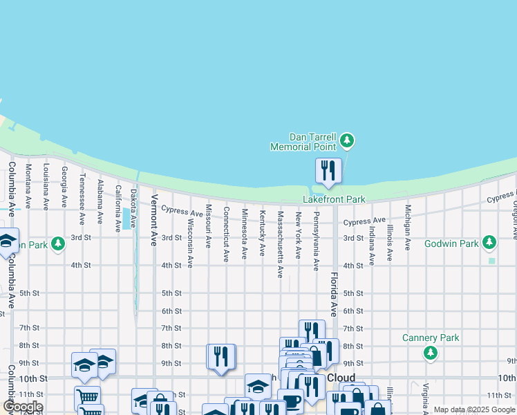 map of restaurants, bars, coffee shops, grocery stores, and more near 1509 East Lakeshore Boulevard in St. Cloud