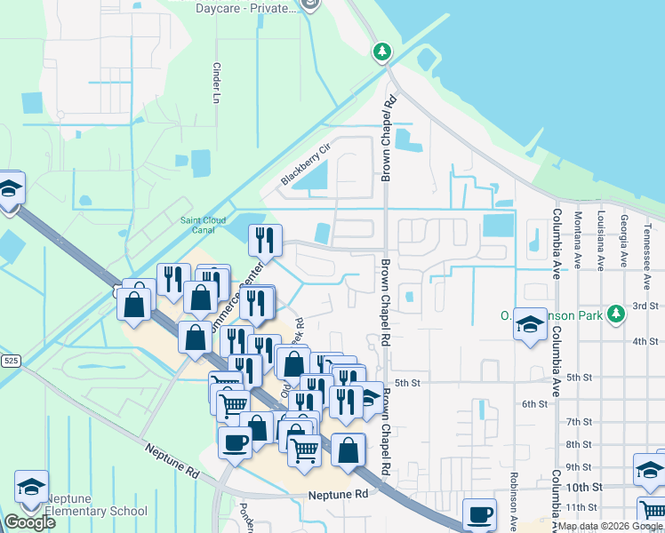 map of restaurants, bars, coffee shops, grocery stores, and more near 3949 Pemberly Pines Circle in St. Cloud
