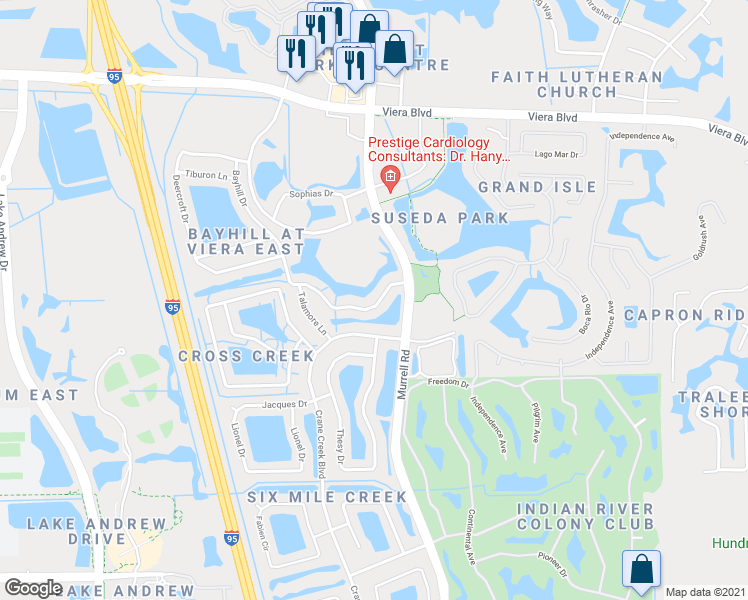map of restaurants, bars, coffee shops, grocery stores, and more near 1904 Bayhill Drive in Melbourne