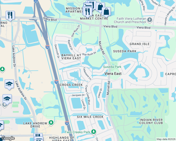 map of restaurants, bars, coffee shops, grocery stores, and more near 1531 Talamore Lane in Melbourne