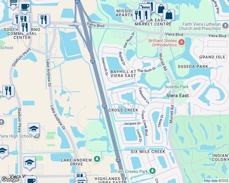 map of restaurants, bars, coffee shops, grocery stores, and more near 1643 Laramie Circle in Melbourne