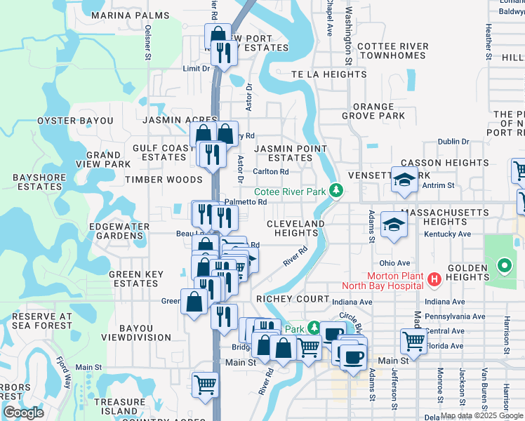 map of restaurants, bars, coffee shops, grocery stores, and more near 6927 Julia Court in New Port Richey