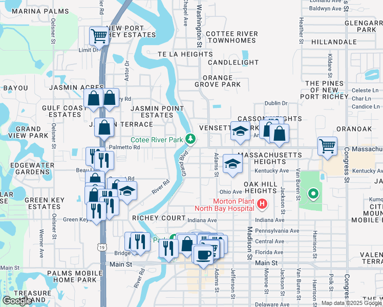 map of restaurants, bars, coffee shops, grocery stores, and more near 6942 Grand Boulevard in Port Richey