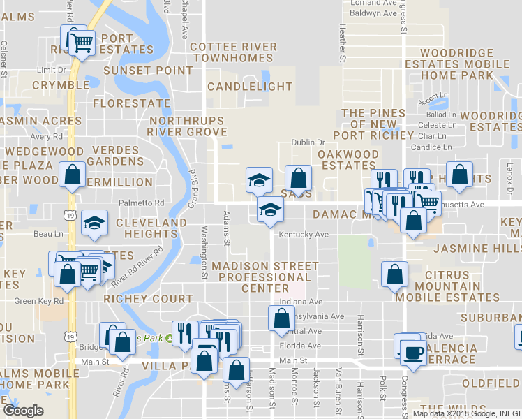 map of restaurants, bars, coffee shops, grocery stores, and more near 5940 Massachusetts Avenue in New Port Richey
