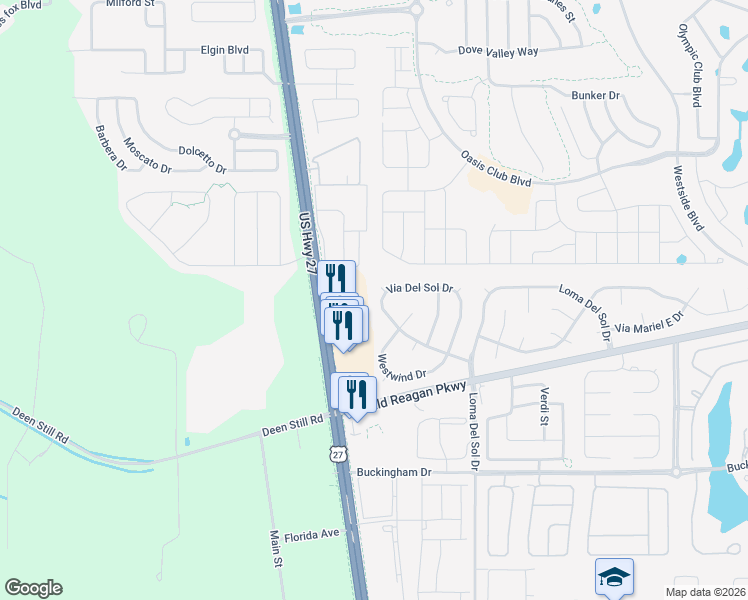 map of restaurants, bars, coffee shops, grocery stores, and more near 621 Via Del Sol Drive in Davenport