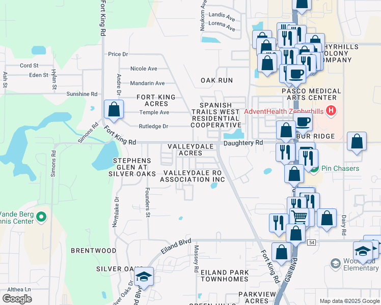 map of restaurants, bars, coffee shops, grocery stores, and more near 37430 Attica Avenue in Zephyrhills