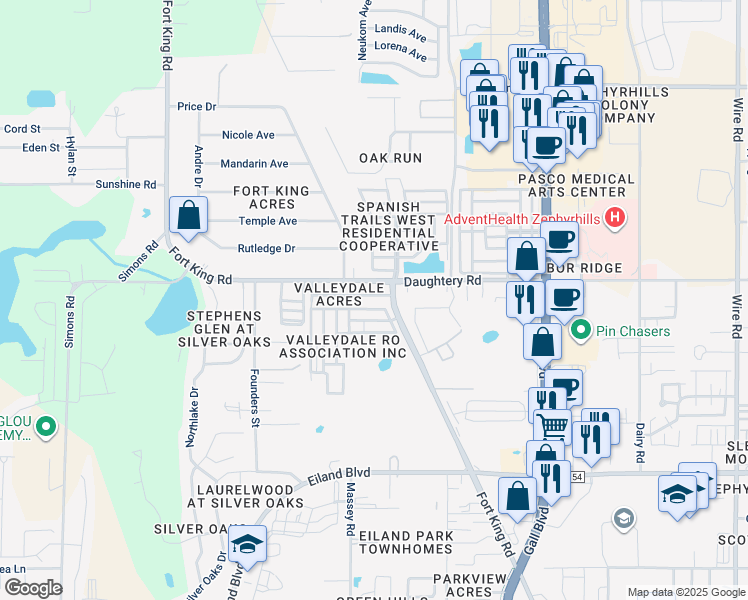 map of restaurants, bars, coffee shops, grocery stores, and more near 37522 Attica Avenue in Zephyrhills