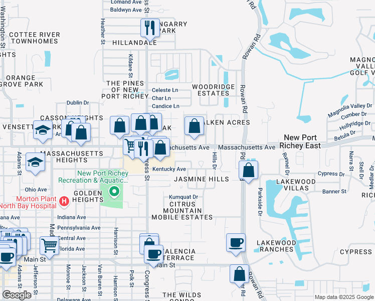 map of restaurants, bars, coffee shops, grocery stores, and more near 6950 Millennial Way in New Port Richey