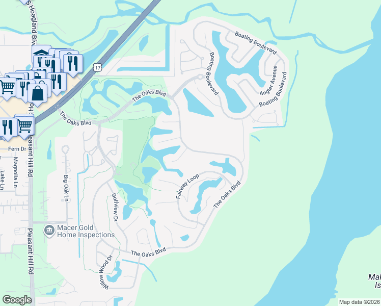 map of restaurants, bars, coffee shops, grocery stores, and more near 2390 The Oaks Boulevard in Kissimmee