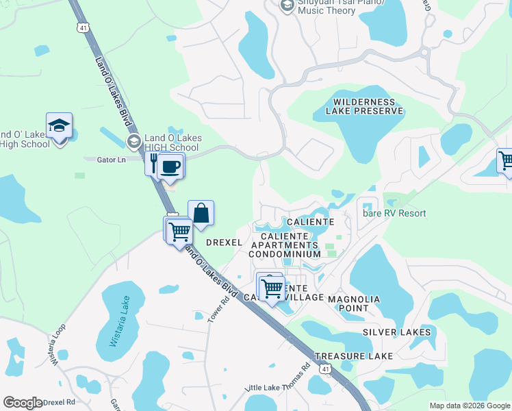 map of restaurants, bars, coffee shops, grocery stores, and more near 6927 Cozumel Court in Land O' Lakes