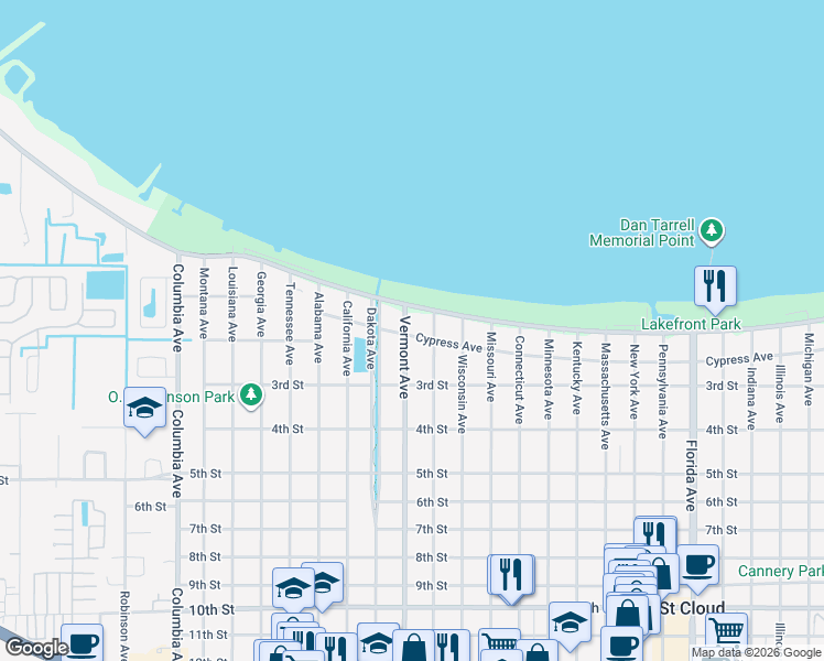 map of restaurants, bars, coffee shops, grocery stores, and more near 15 Vermont Avenue in St. Cloud