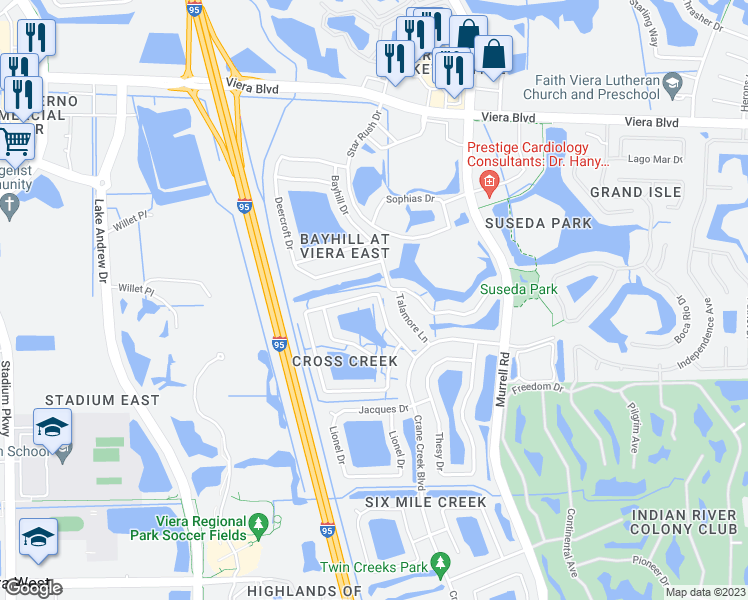 map of restaurants, bars, coffee shops, grocery stores, and more near 1532 Laramie Circle in Melbourne