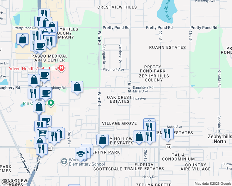 map of restaurants, bars, coffee shops, grocery stores, and more near 6911 Oak Crest Way in Zephyrhills