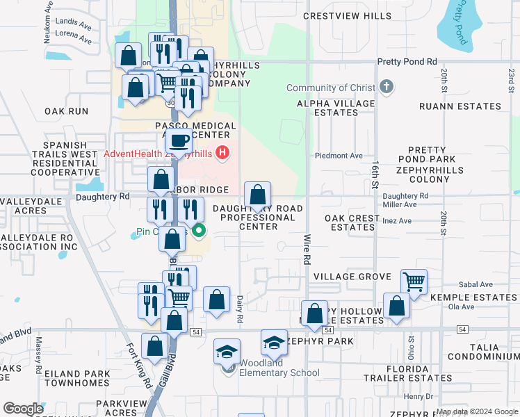 map of restaurants, bars, coffee shops, grocery stores, and more near 6937 Medical View Lane in Zephyrhills