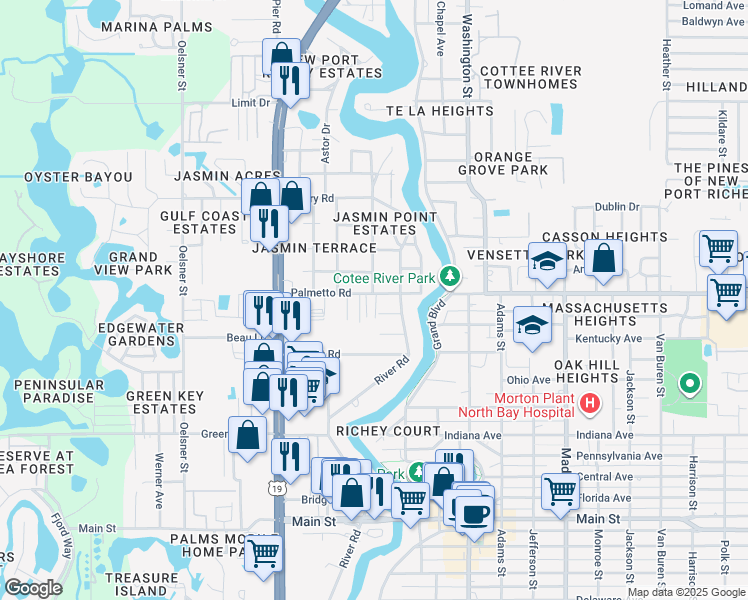 map of restaurants, bars, coffee shops, grocery stores, and more near 5506 Palmetto Road in Port Richey