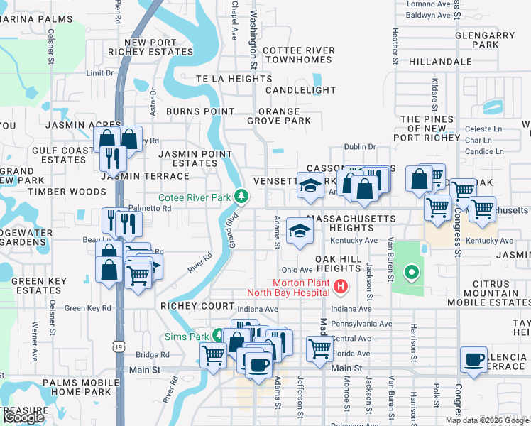 map of restaurants, bars, coffee shops, grocery stores, and more near 5744 Massachusetts Avenue in New Port Richey