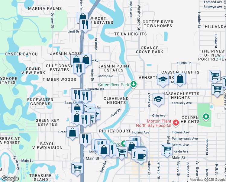 map of restaurants, bars, coffee shops, grocery stores, and more near 5506 Palmetto Road in Port Richey
