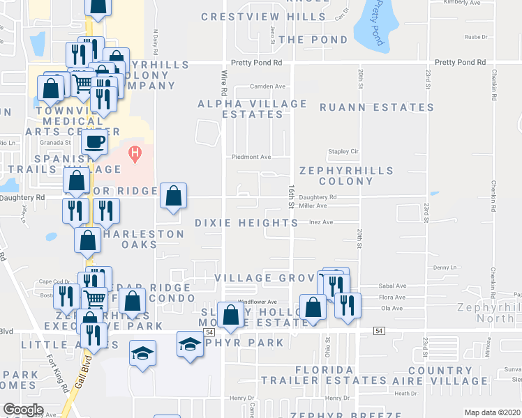 map of restaurants, bars, coffee shops, grocery stores, and more near 6911 Oak Crest Way in Zephyrhills
