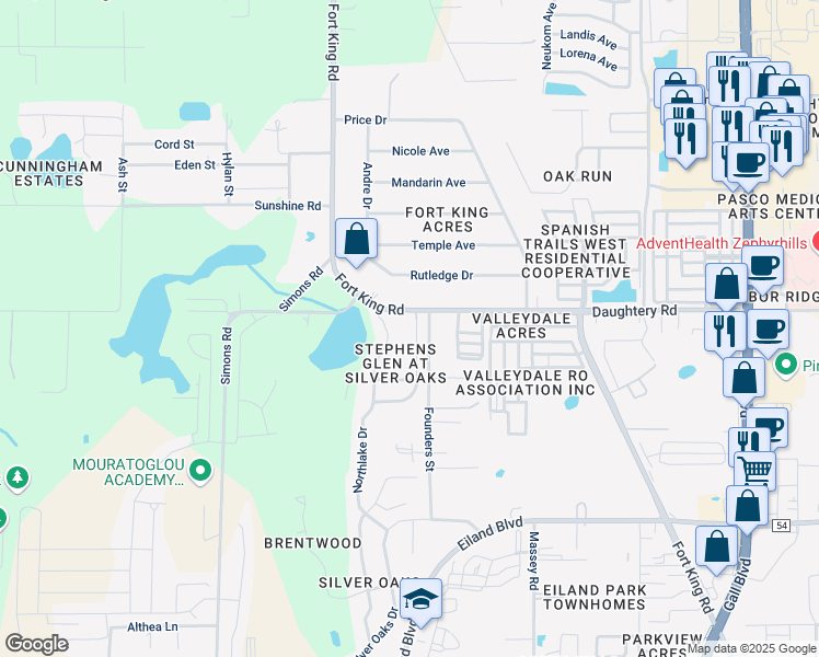 map of restaurants, bars, coffee shops, grocery stores, and more near 6935 Stephens Path in Zephyrhills
