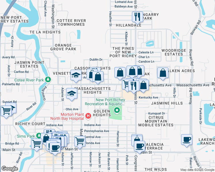 map of restaurants, bars, coffee shops, grocery stores, and more near 6220 Massachusetts Avenue in New Port Richey