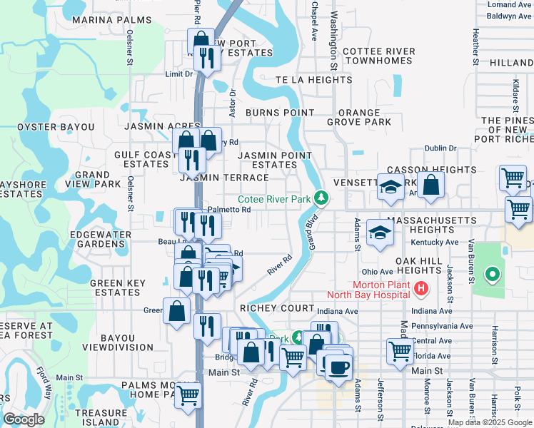 map of restaurants, bars, coffee shops, grocery stores, and more near 5506 Palmetto Road in Port Richey