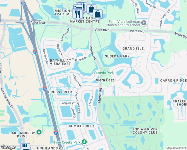 map of restaurants, bars, coffee shops, grocery stores, and more near 1874 Bayhill Drive in Melbourne