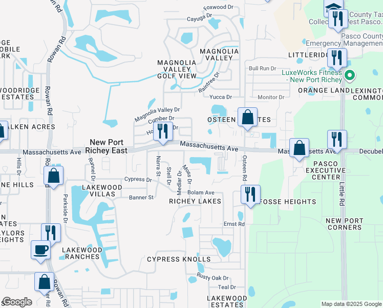 map of restaurants, bars, coffee shops, grocery stores, and more near 7714 Belah Drive in New Port Richey