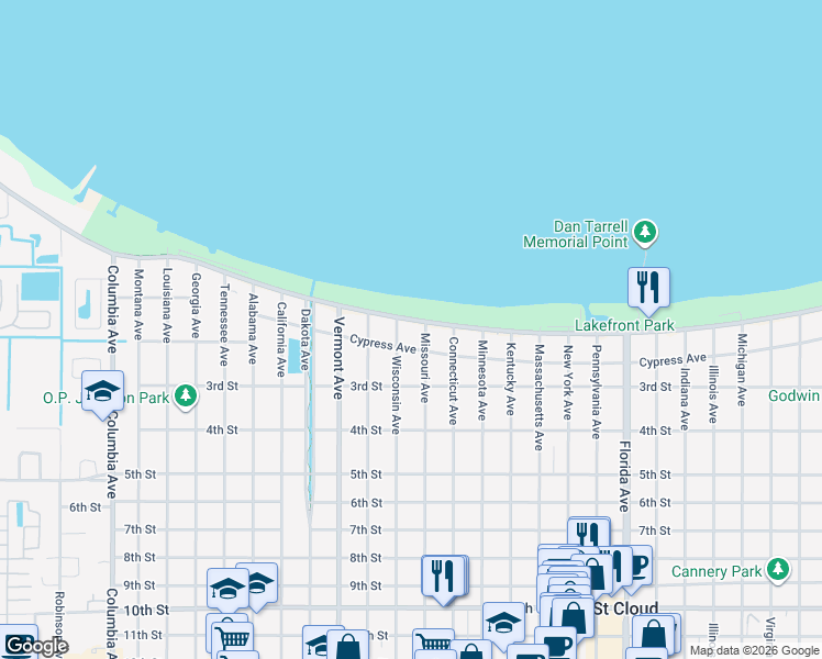 map of restaurants, bars, coffee shops, grocery stores, and more near 1801 Lakeshore Boulevard in St. Cloud