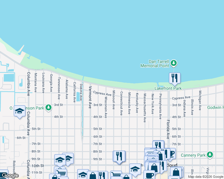 map of restaurants, bars, coffee shops, grocery stores, and more near 1801 Lakeshore Boulevard in St. Cloud