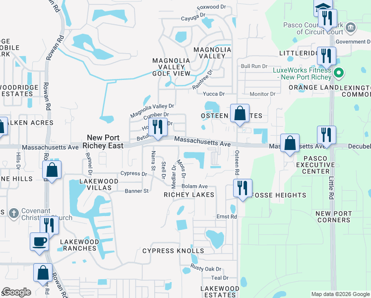 map of restaurants, bars, coffee shops, grocery stores, and more near 7702 Belah Drive in New Port Richey