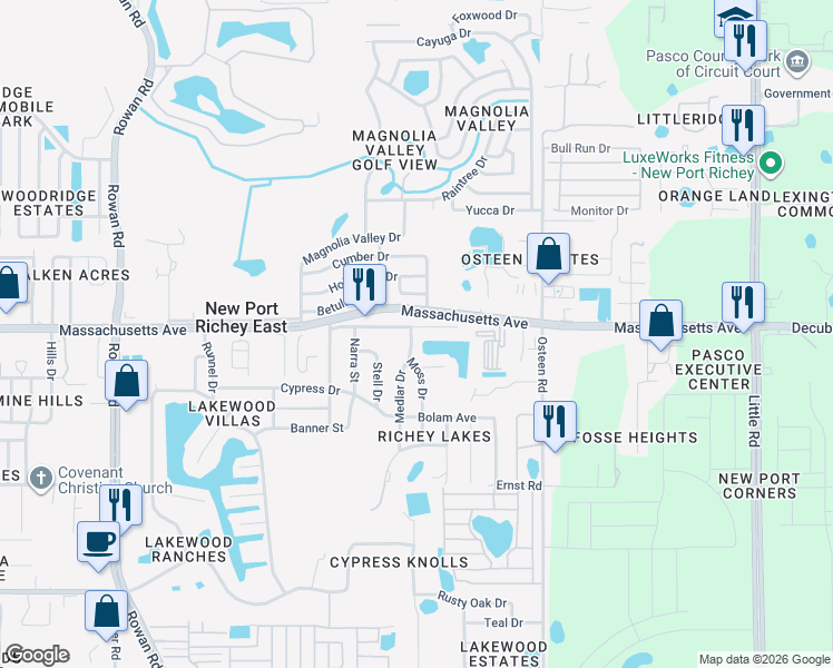 map of restaurants, bars, coffee shops, grocery stores, and more near 7702 Belah Drive in New Port Richey
