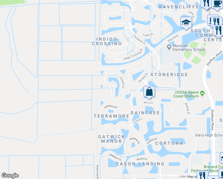 map of restaurants, bars, coffee shops, grocery stores, and more near 6032 Goleta Circle in Melbourne
