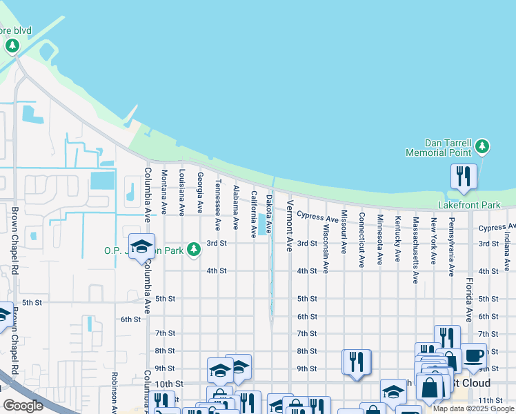 map of restaurants, bars, coffee shops, grocery stores, and more near 101 California Avenue in Saint Cloud