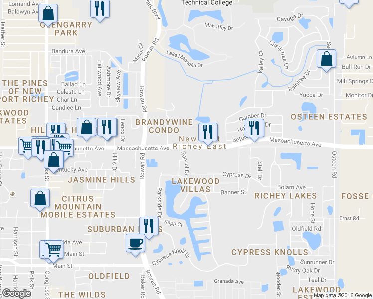 map of restaurants, bars, coffee shops, grocery stores, and more near 7202 Massachusetts Ave in Port Richey