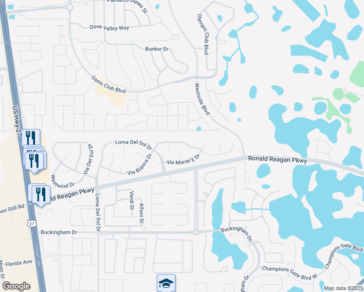 map of restaurants, bars, coffee shops, grocery stores, and more near 743 Via Bianca Drive in Davenport