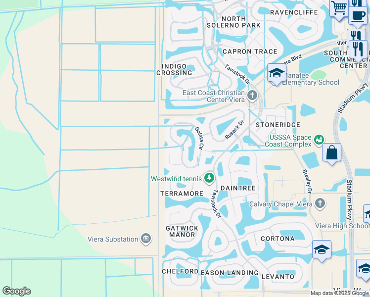 map of restaurants, bars, coffee shops, grocery stores, and more near 6023 Goleta Circle in Melbourne