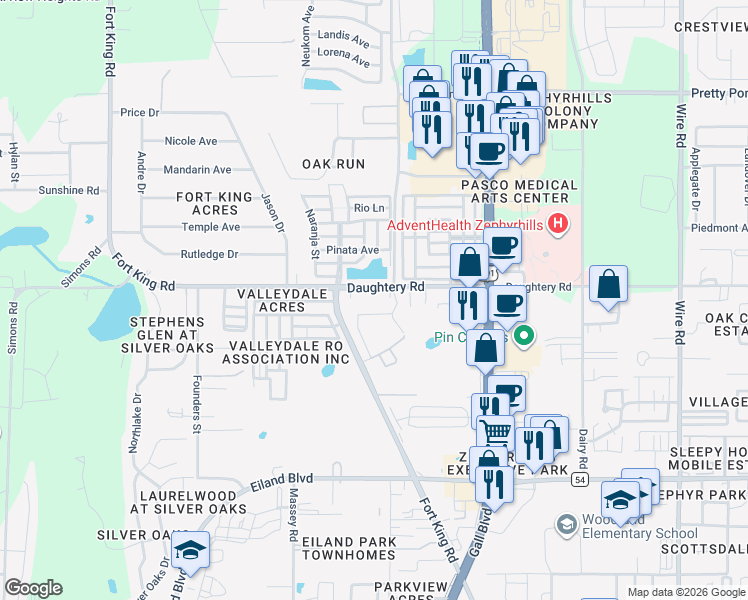 map of restaurants, bars, coffee shops, grocery stores, and more near 6930 Jeter Lane in Zephyrhills
