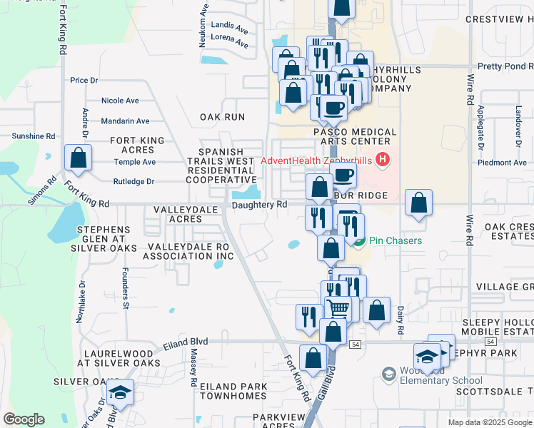 map of restaurants, bars, coffee shops, grocery stores, and more near 6930 Jeter Lane in Zephyrhills