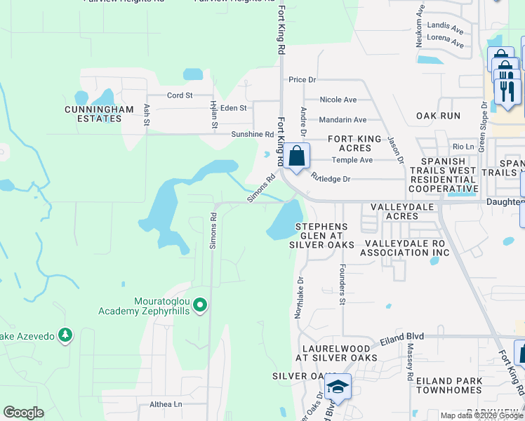 map of restaurants, bars, coffee shops, grocery stores, and more near 7035 Simons Road in Zephyrhills