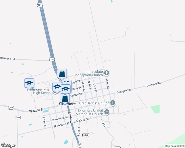 map of restaurants, bars, coffee shops, grocery stores, and more near 424 North 3rd Street in Beeville