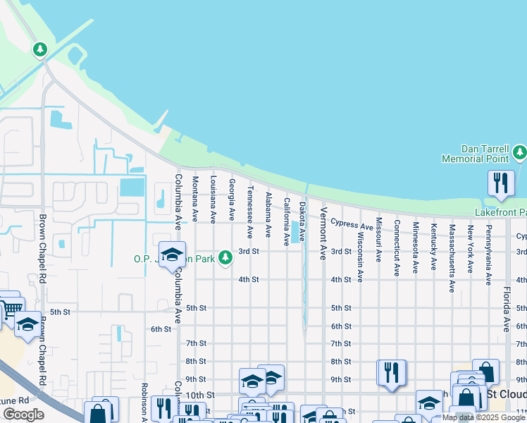 map of restaurants, bars, coffee shops, grocery stores, and more near 123 Alabama Avenue in St. Cloud