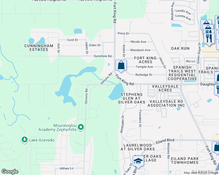 map of restaurants, bars, coffee shops, grocery stores, and more near 6966 Faben Lane in Zephyrhills