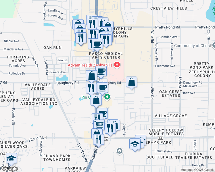map of restaurants, bars, coffee shops, grocery stores, and more near 38056 Daughtery Road in Zephyrhills