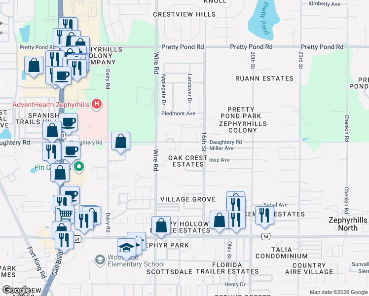 map of restaurants, bars, coffee shops, grocery stores, and more near 6911 Oak Crest Way in Zephyrhills