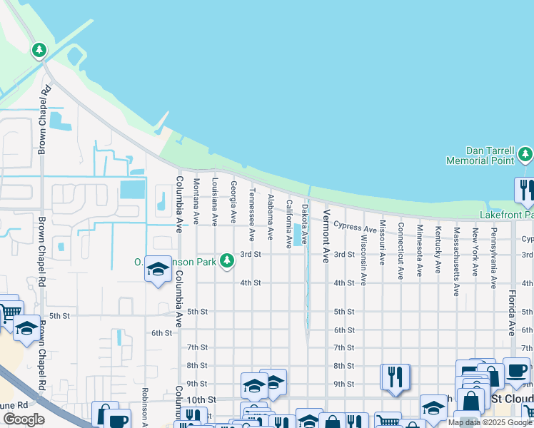 map of restaurants, bars, coffee shops, grocery stores, and more near 123 Alabama Avenue in St. Cloud