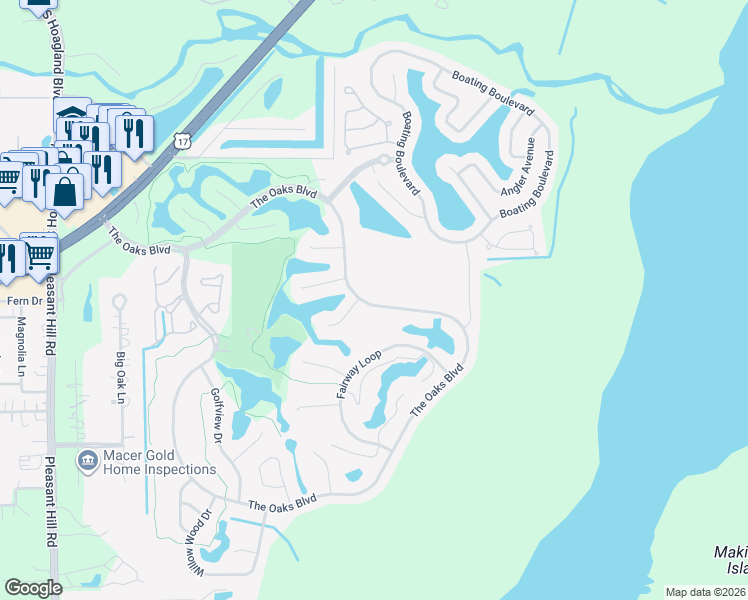 map of restaurants, bars, coffee shops, grocery stores, and more near 2390 The Oaks Boulevard in Kissimmee