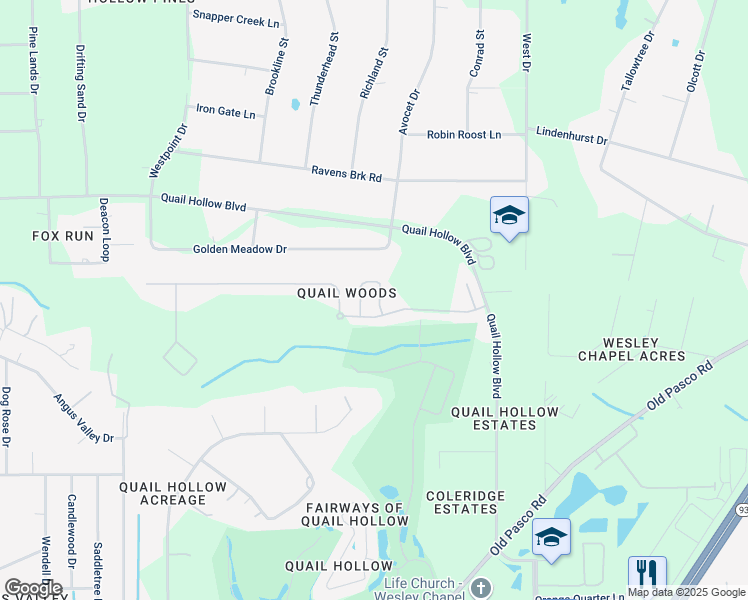 map of restaurants, bars, coffee shops, grocery stores, and more near 27635 Sora Boulevard in Wesley Chapel